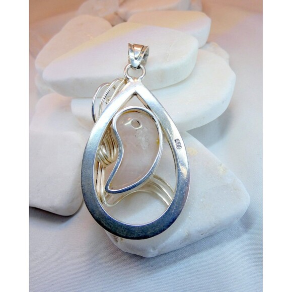 Sterling Silver Rose Quartz Gemstone Large Artisan Pendant Yin Yang 26g - Picture 5 of 7
